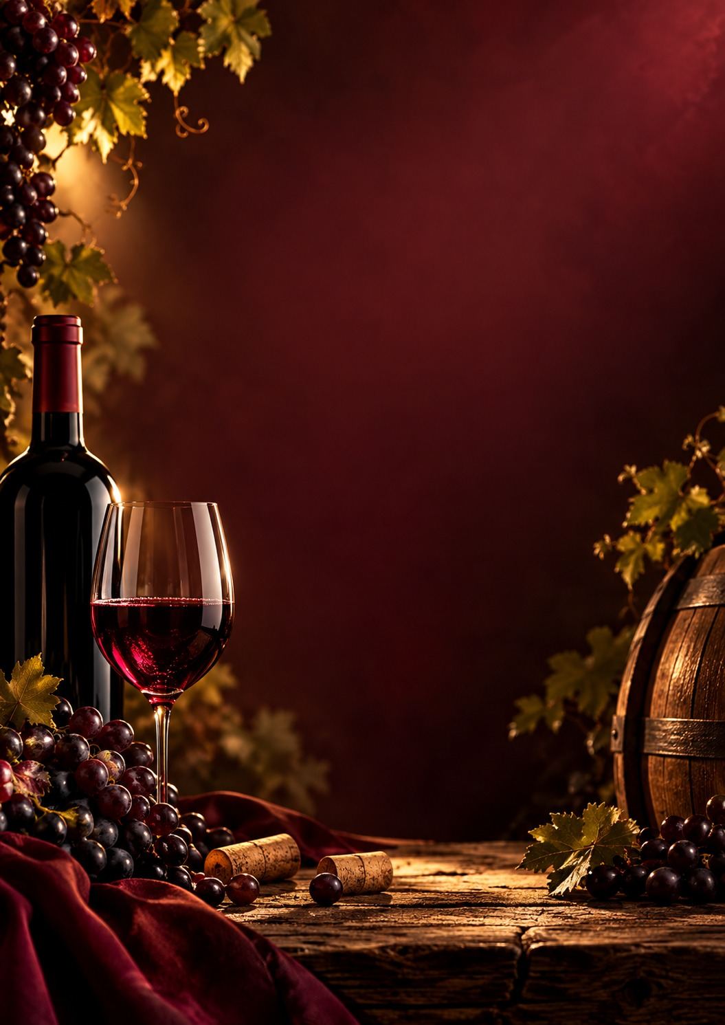 Botella y copa de vino tinto con uvas, corchos y barrica sobre una mesa de madera